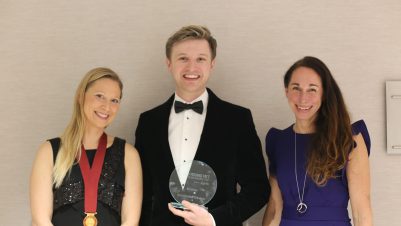 BVA Young Vet of the Year 2021 winner Alex Davies posing with BVA President Justine Shotton and Sarah Heming from Zoetis