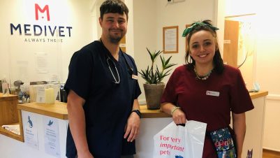 Dr Josh Langlois, Branch Partner at Medivet’s Mossley Hill practice in Liverpool, with student veterinary nurse Megan-Anne Jackson, and the new eco-friendly carrier bags